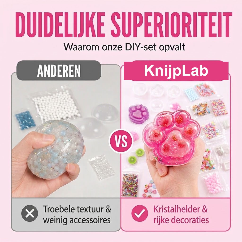 Vergelijking: KnijpLab set met heldere gel en veel decoraties