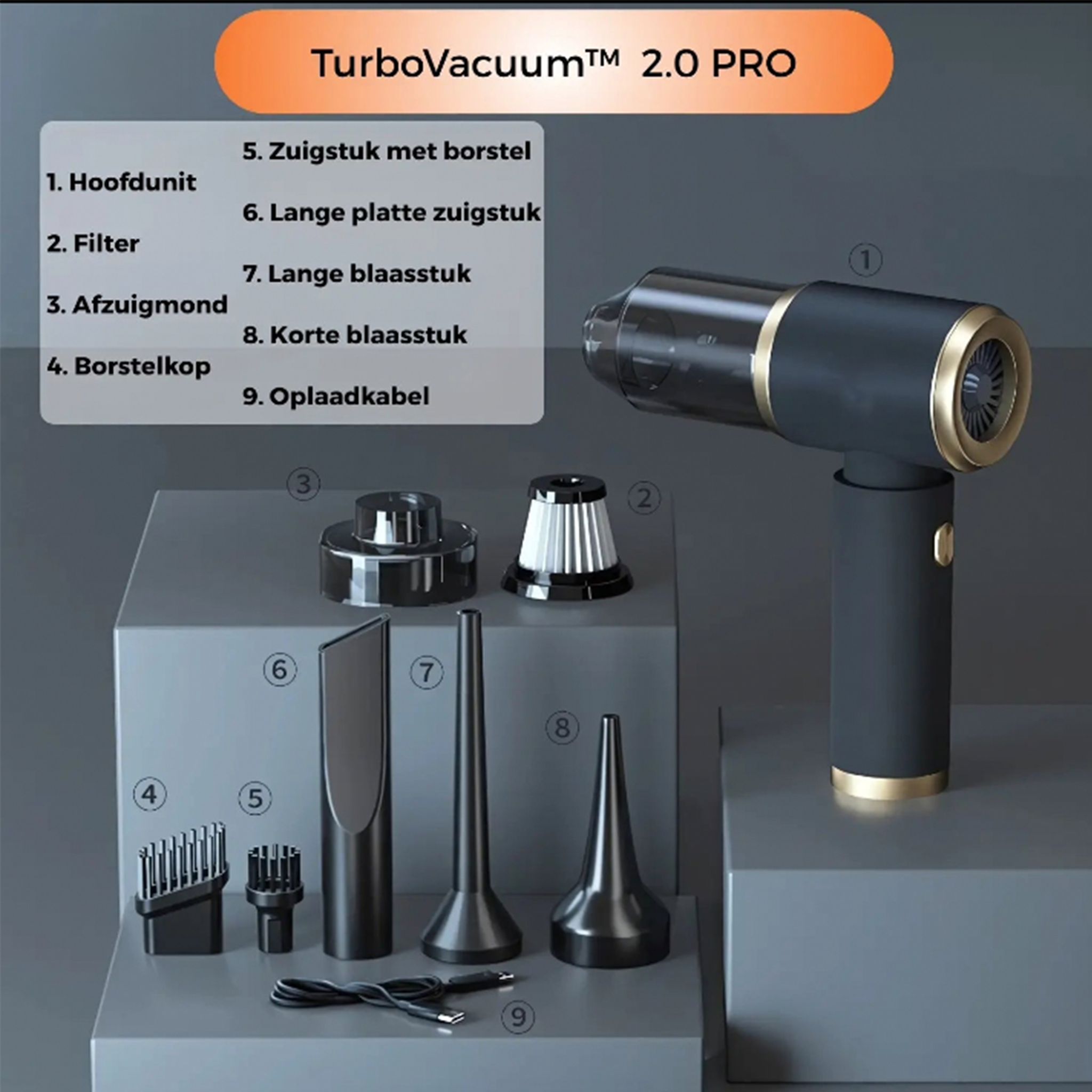 TurboVacuum™ 2.0 Pro – Draadloze Mini Stofzuiger & Blazer voor Bureau, Auto en Moeilijke Hoekjes