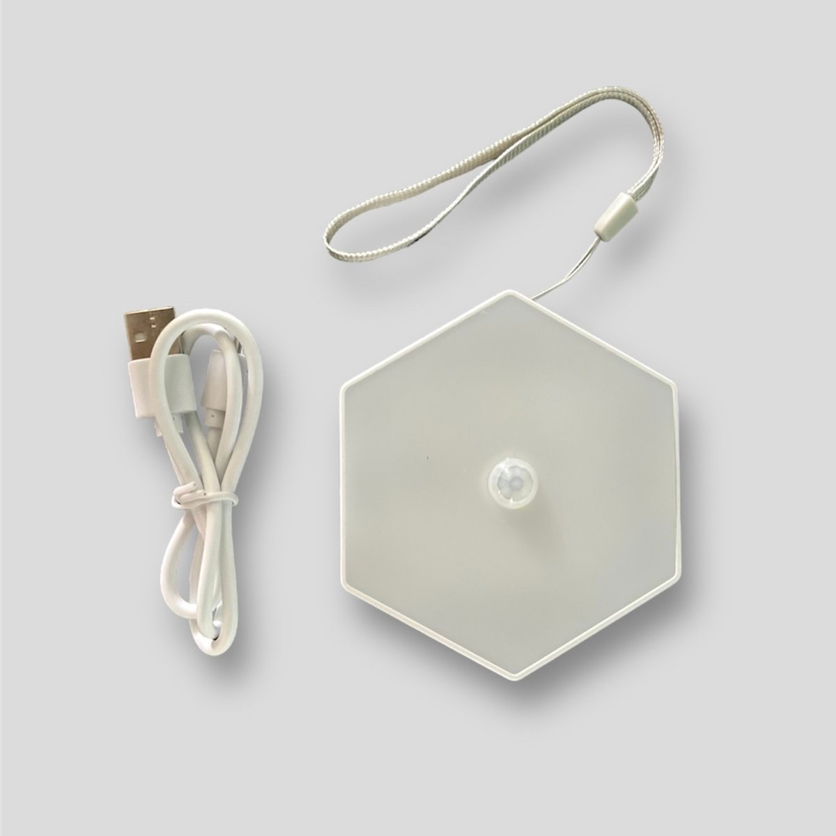 Lampje, ophangkoord en USB-kabel