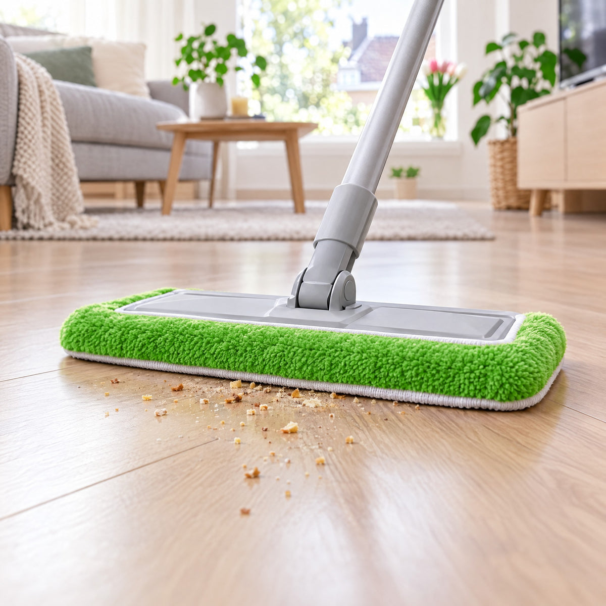 MopMaatje groene microvezeldoek op een vlakmop in gebruik