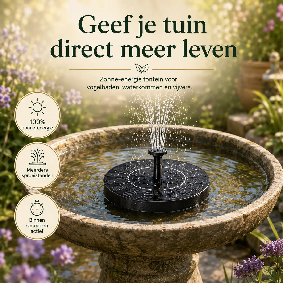 Milieuvriendelijke fontein voor bakken en vijvers met onze Solar Oasis™
