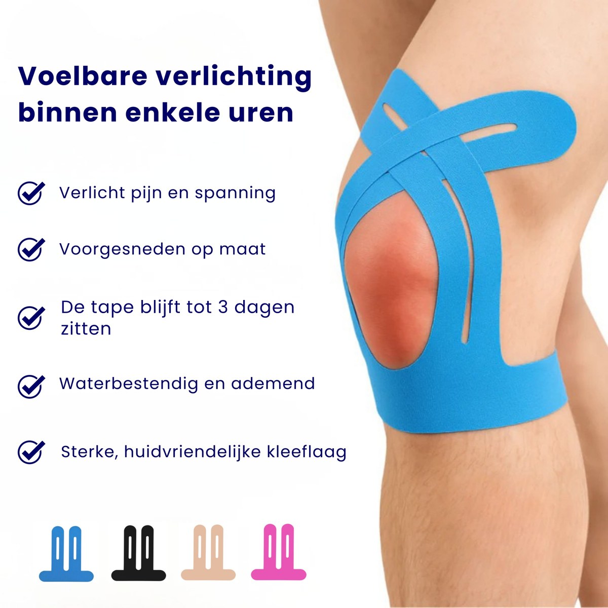 KineFlex kinesiotape op de knie met voelbare verlichting