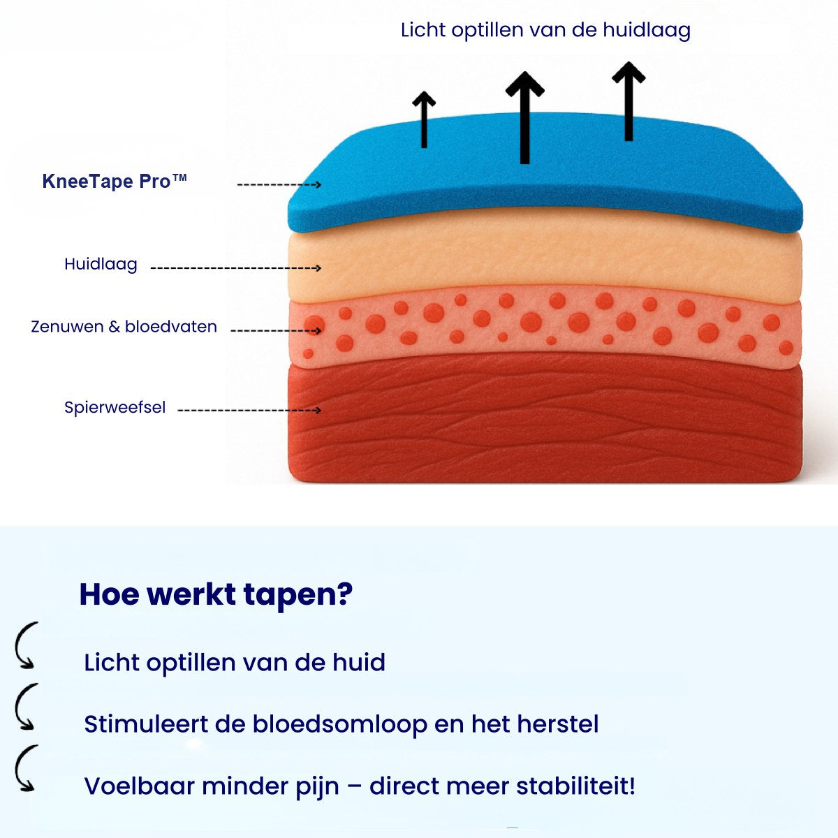 Hoe KneeTape Pro de huidlaag optilt en de doorbloeding stimuleert
