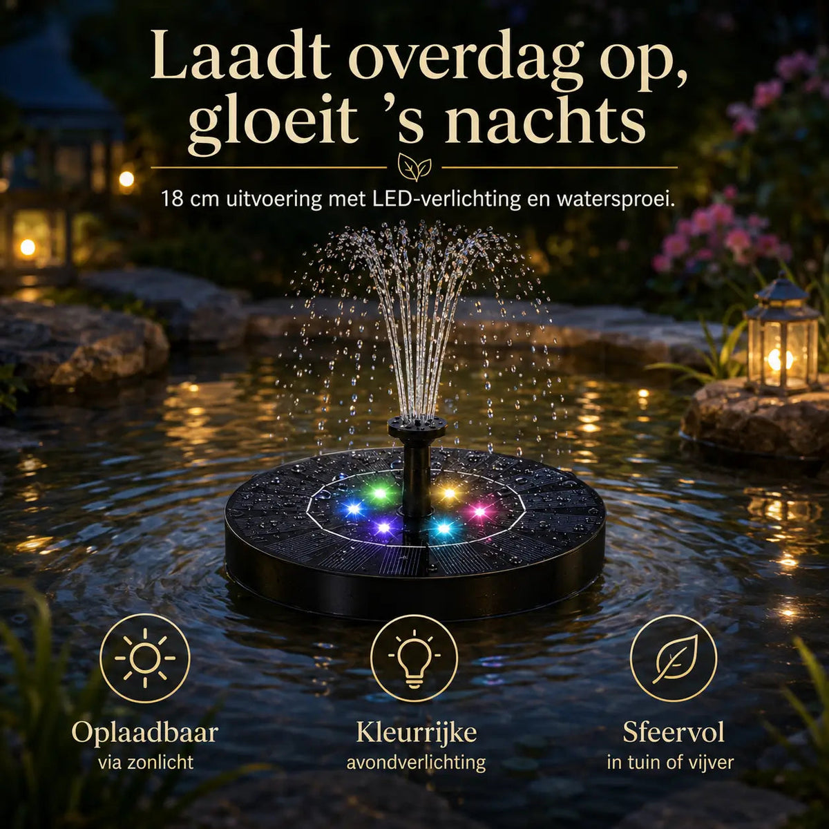 Milieuvriendelijke fontein voor bakken en vijvers met onze Solar Oasis™