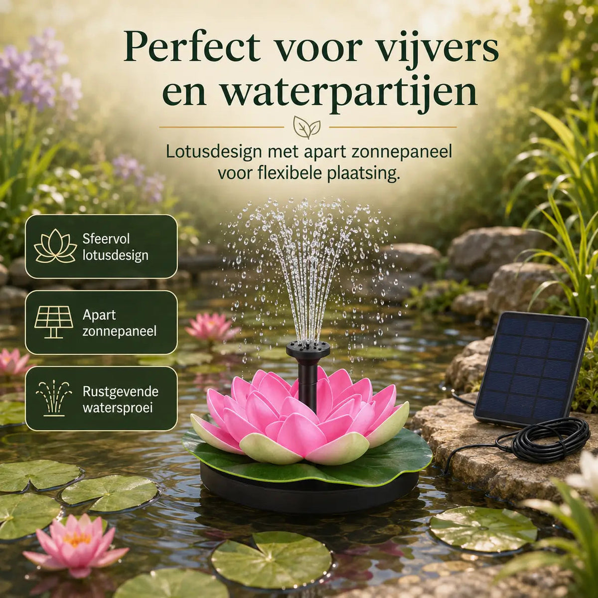Milieuvriendelijke fontein voor bakken en vijvers met onze Solar Oasis™
