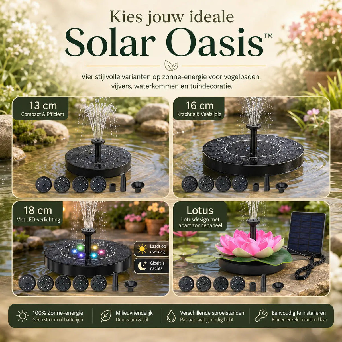 Milieuvriendelijke fontein voor bakken en vijvers met onze Solar Oasis™