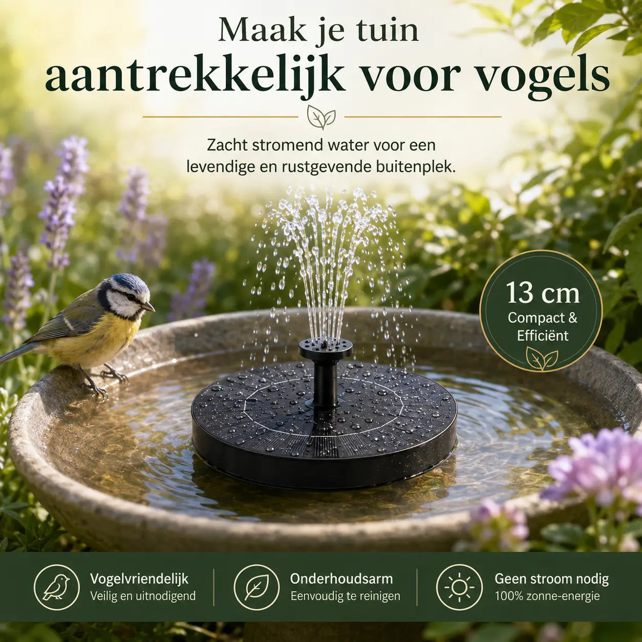 Milieuvriendelijke fontein voor bakken en vijvers met onze Solar Oasis™